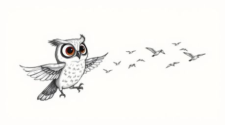 A heartwarming hand-drawn sketch in the style of Pixar, depicting a wise blind owl teacher with expressive eyes guiding a flo