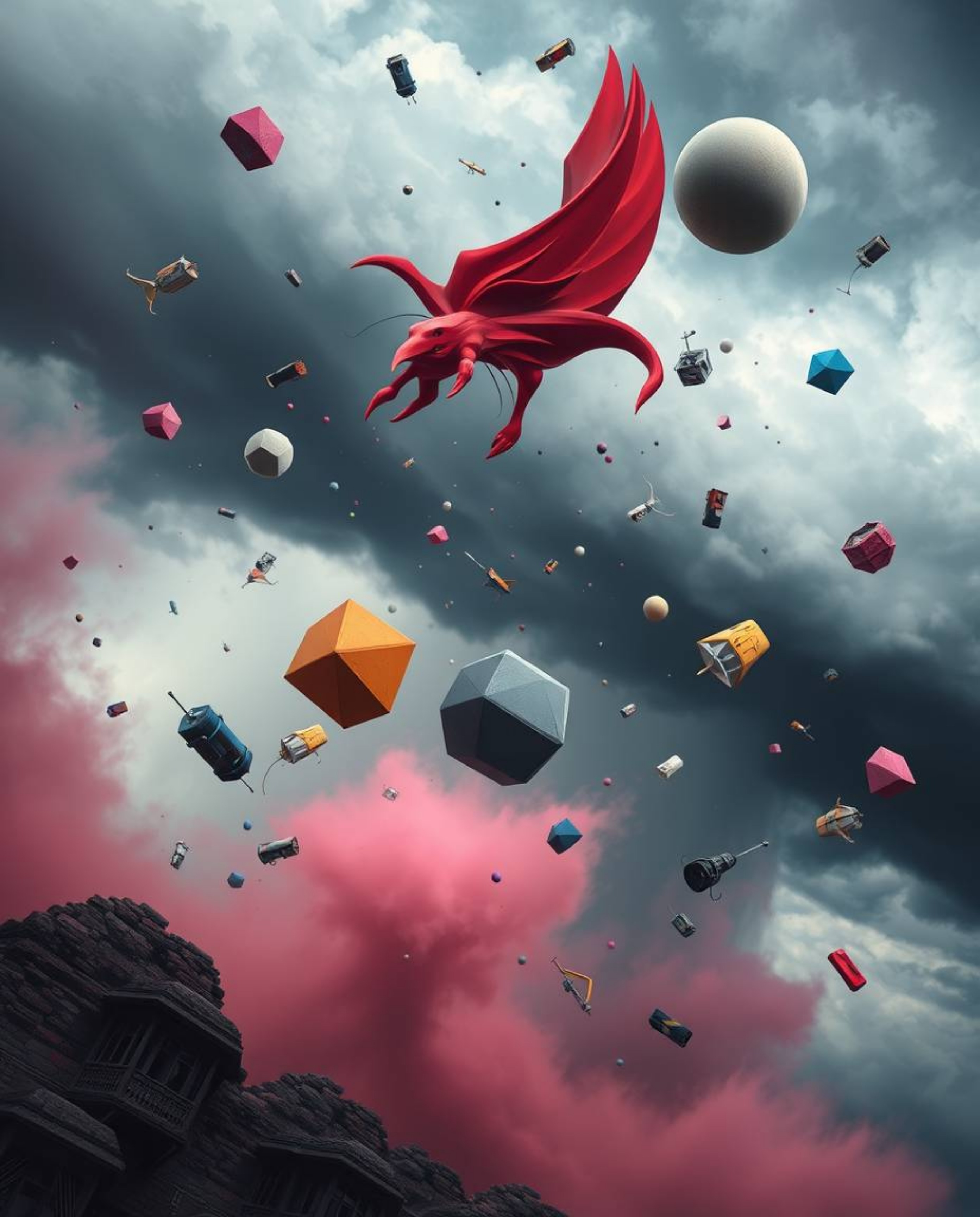 Experience the impossible with this surreal storm artwork. Objects defy gravity amidst a tempest of vibrant complementary col