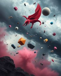 Experience the impossible with this surreal storm artwork. Objects defy gravity amidst a tempest of vibrant complementary col