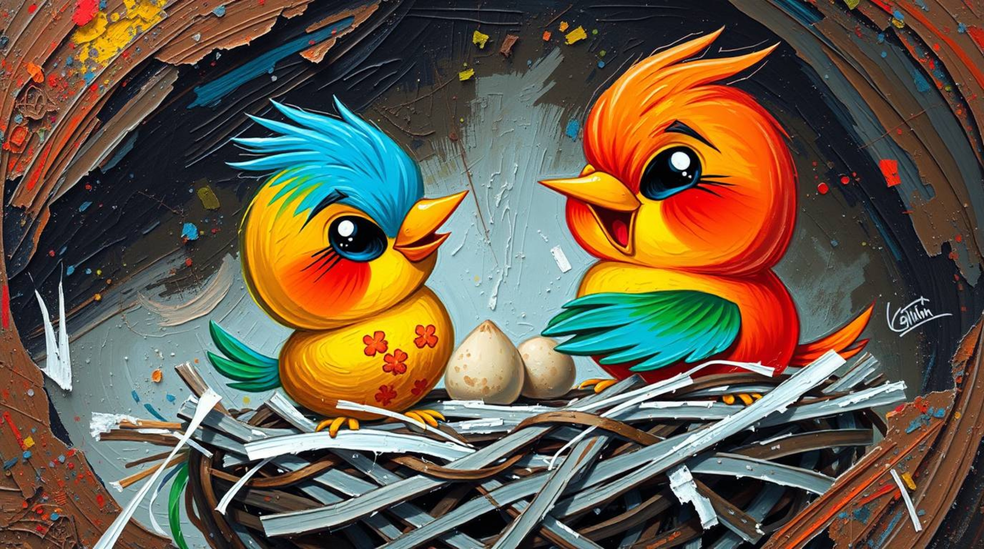 An extreme close-up macro shot showcases a bold acrylic painting depicting two cartoon birds diligently constructing a nest.