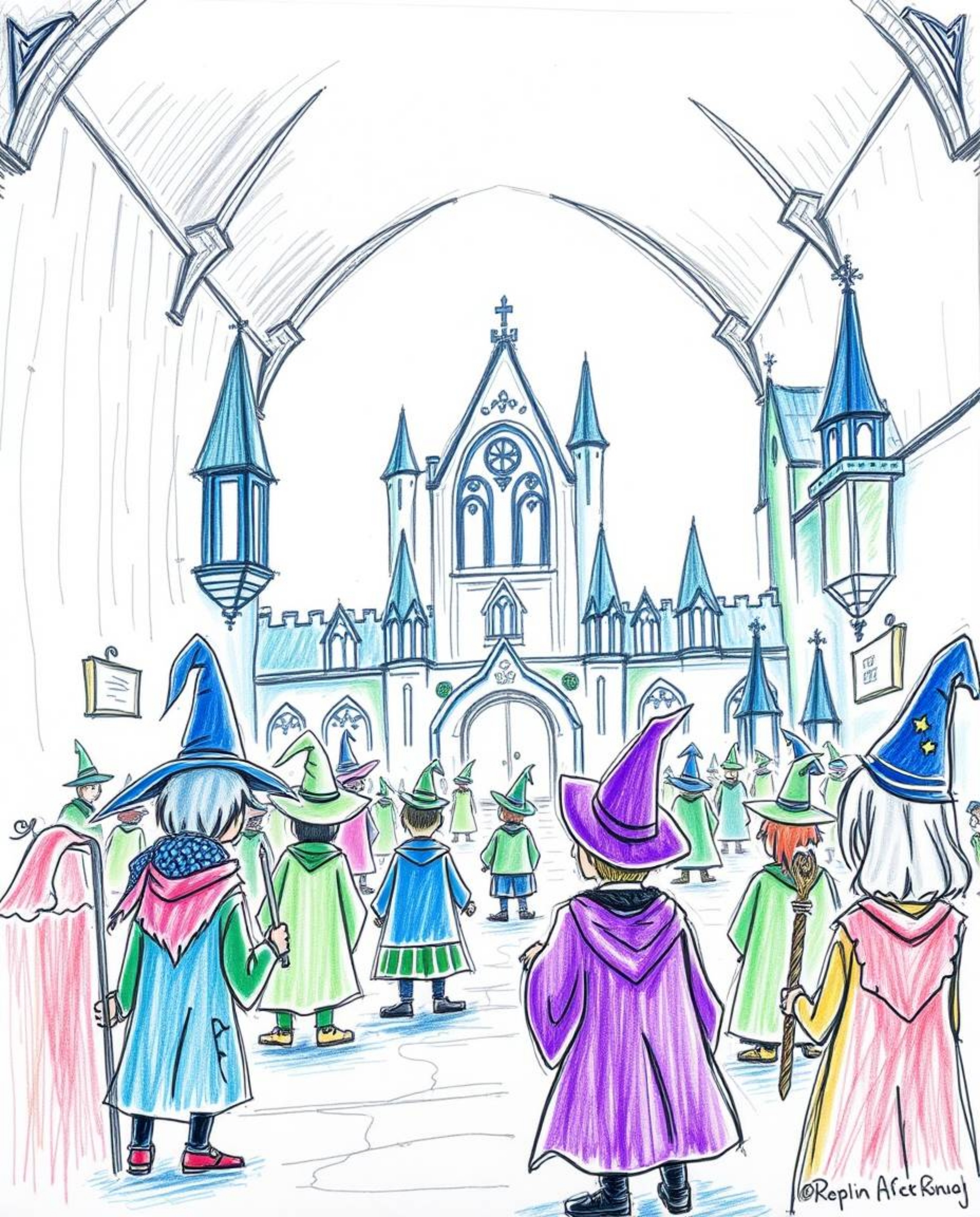 Explore a cool-colored, hand-drawn sketch of a magical school teeming with young wizards. This art piece utilizes rough lines