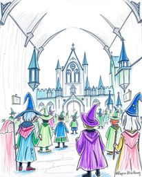 Explore a cool-colored, hand-drawn sketch of a magical school teeming with young wizards. This art piece utilizes rough lines