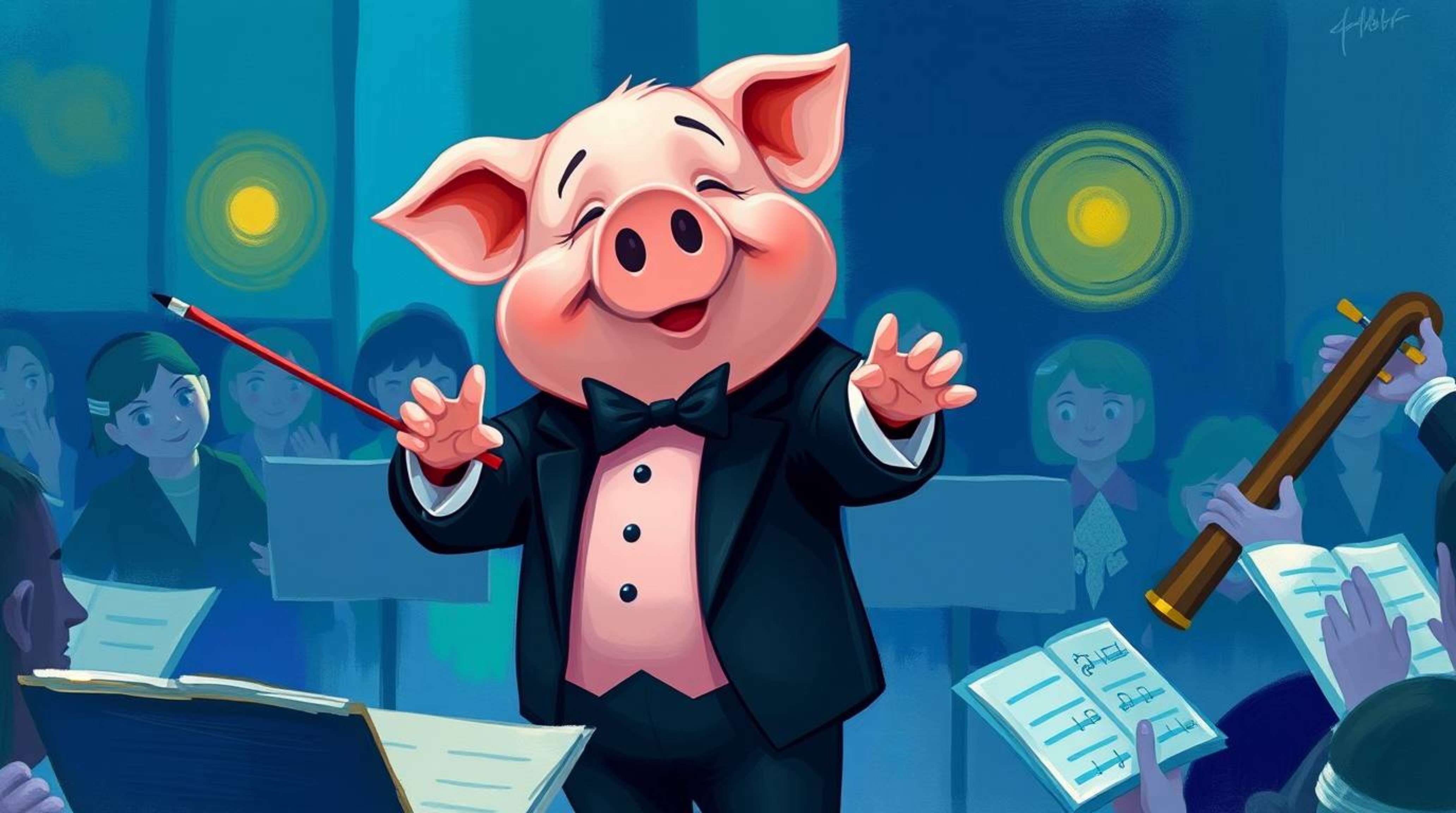 A charming pig, dapper in a tuxedo, attempts to lead an orchestra with endearingly clumsy flair.  Rendered in a cool, painter