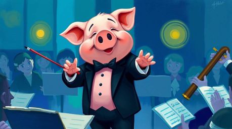 A charming pig, dapper in a tuxedo, attempts to lead an orchestra with endearingly clumsy flair.  Rendered in a cool, painter