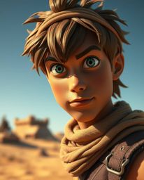 Embark on a thrilling desert adventure with a brave, Disney-style hero.  This captivating image features a tight close-up, me