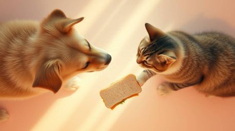 A charming soft pastel overhead shot captures a whimsical scene of a dog and cat playfully battling over a giant sandwich. Th