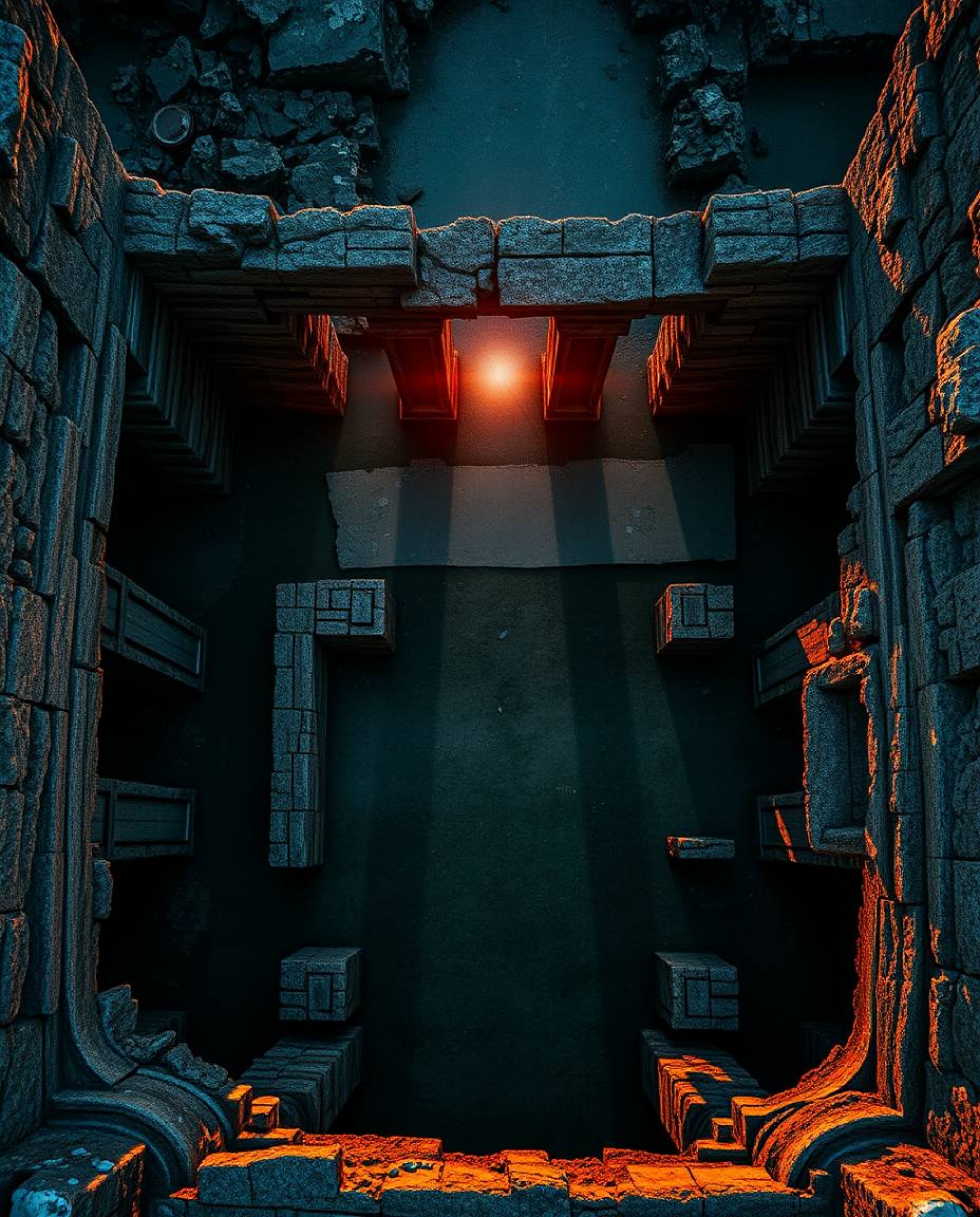 An overhead bird's-eye view captures a sunset casting shadows through ancient stone ruins. The scene is bathed in a rich, dee