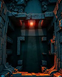An overhead bird's-eye view captures a sunset casting shadows through ancient stone ruins. The scene is bathed in a rich, dee