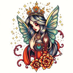 A stunning retro-style tattoo art print features a fairy godmother enveloped in a vibrant swirl of sparkles.  This intricate 