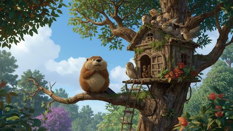 A high-resolution, commercially professional, Pixar-inspired stock photo depicts a beaver busily constructing an intricate, s