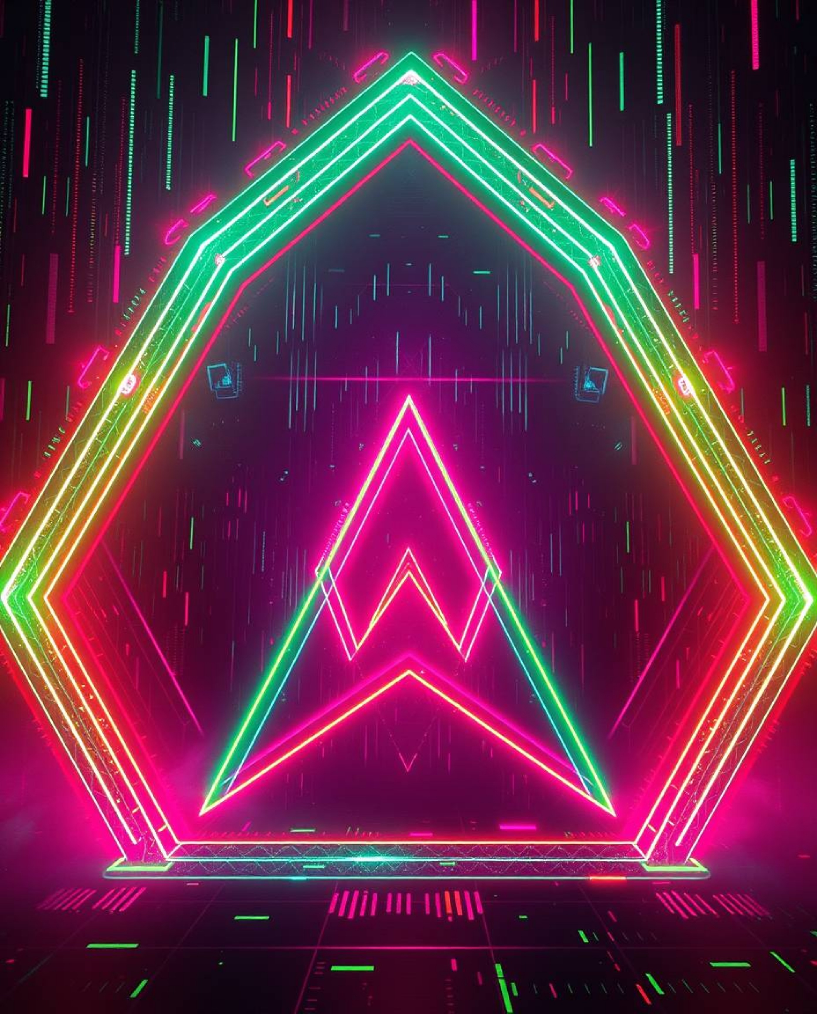 Explore stunning visuals of bioluminescent geometric shapes floating in a glitched cyberspace, reminiscent of the Matrix.  Th
