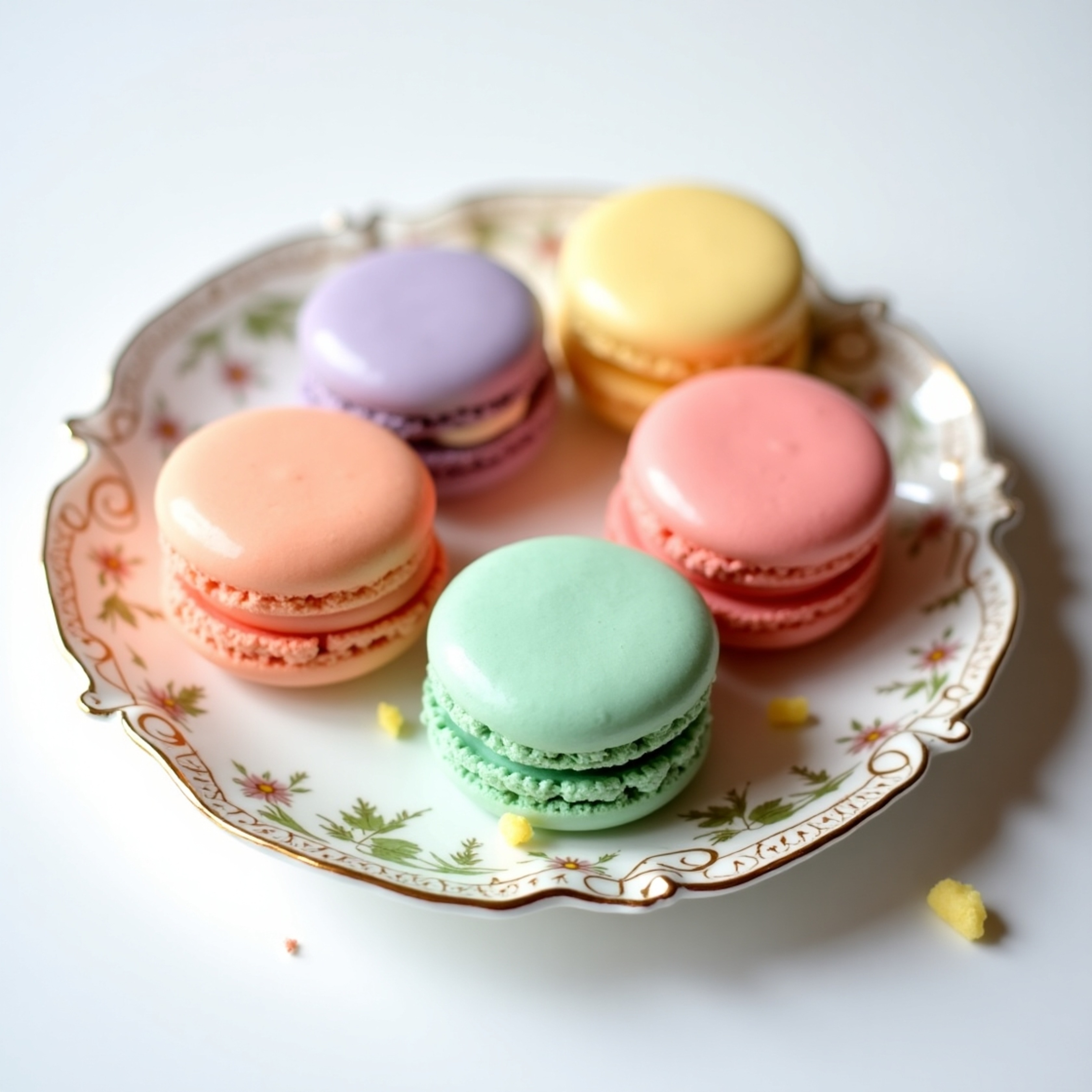 A captivating still life featuring a delightful assortment of macarons artfully arranged on a delicate fine china plate. The 