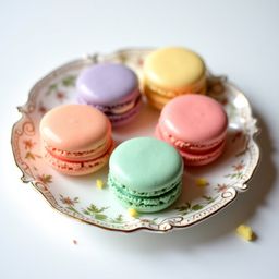 A captivating still life featuring a delightful assortment of macarons artfully arranged on a delicate fine china plate. The 