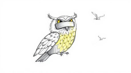 This artwork features a heartwarming scene of a blind owl with radiant, glowing feathers, drawn in a charming Pixar style.  T