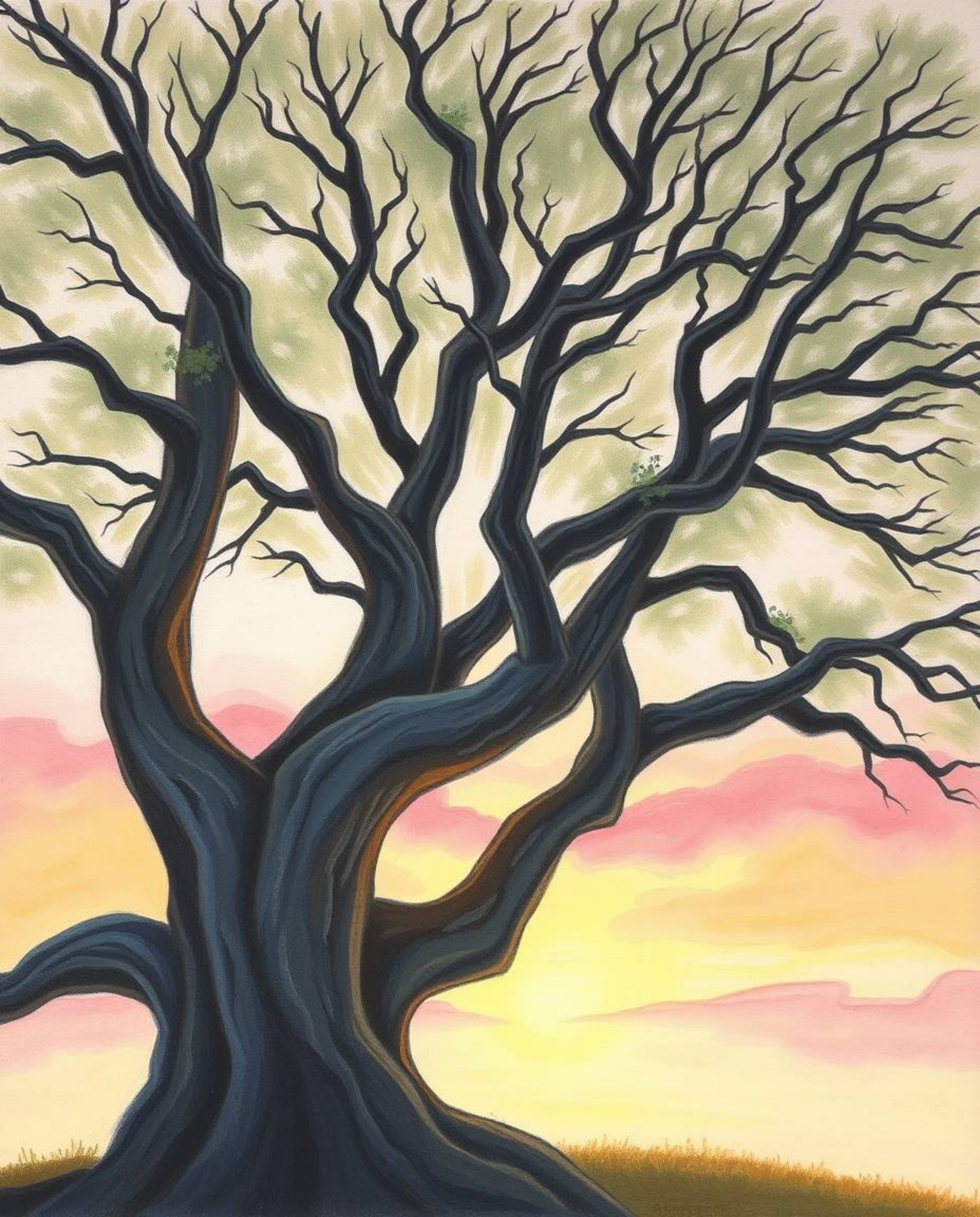 A beautiful pastel painting showcasing a sunset behind an old oak tree with twisted branches. The artwork utilizes a palette 