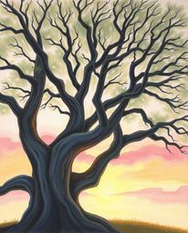 A beautiful pastel painting showcasing a sunset behind an old oak tree with twisted branches. The artwork utilizes a palette 