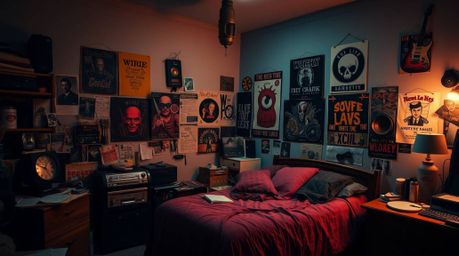 A messy bedroom filled with a collection of weird gadgets and posters is captured with intense dramatic lighting, creating a 