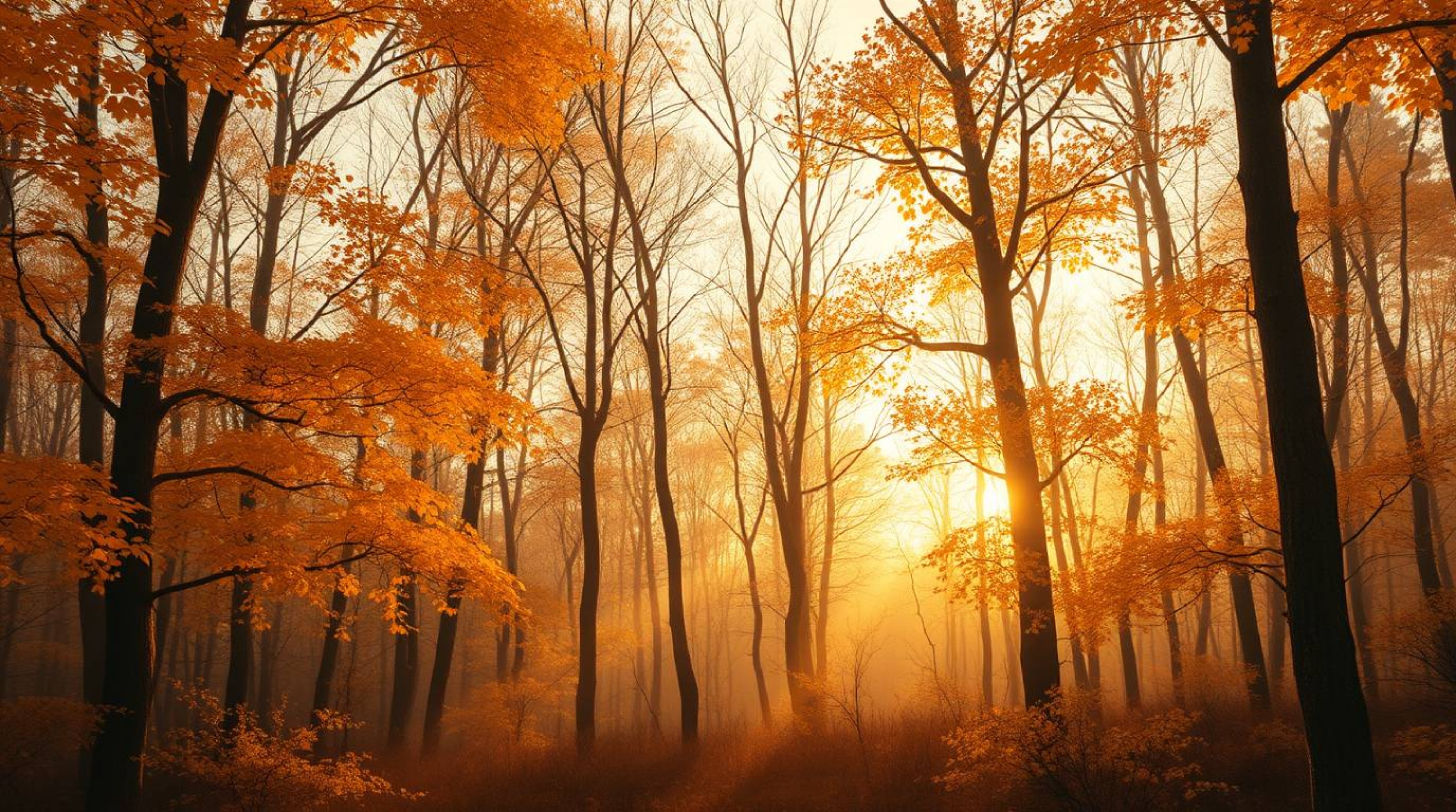 Immerse yourself in an ethereal digital painting depicting an autumn forest ablaze with golden leaves, illuminated by the war