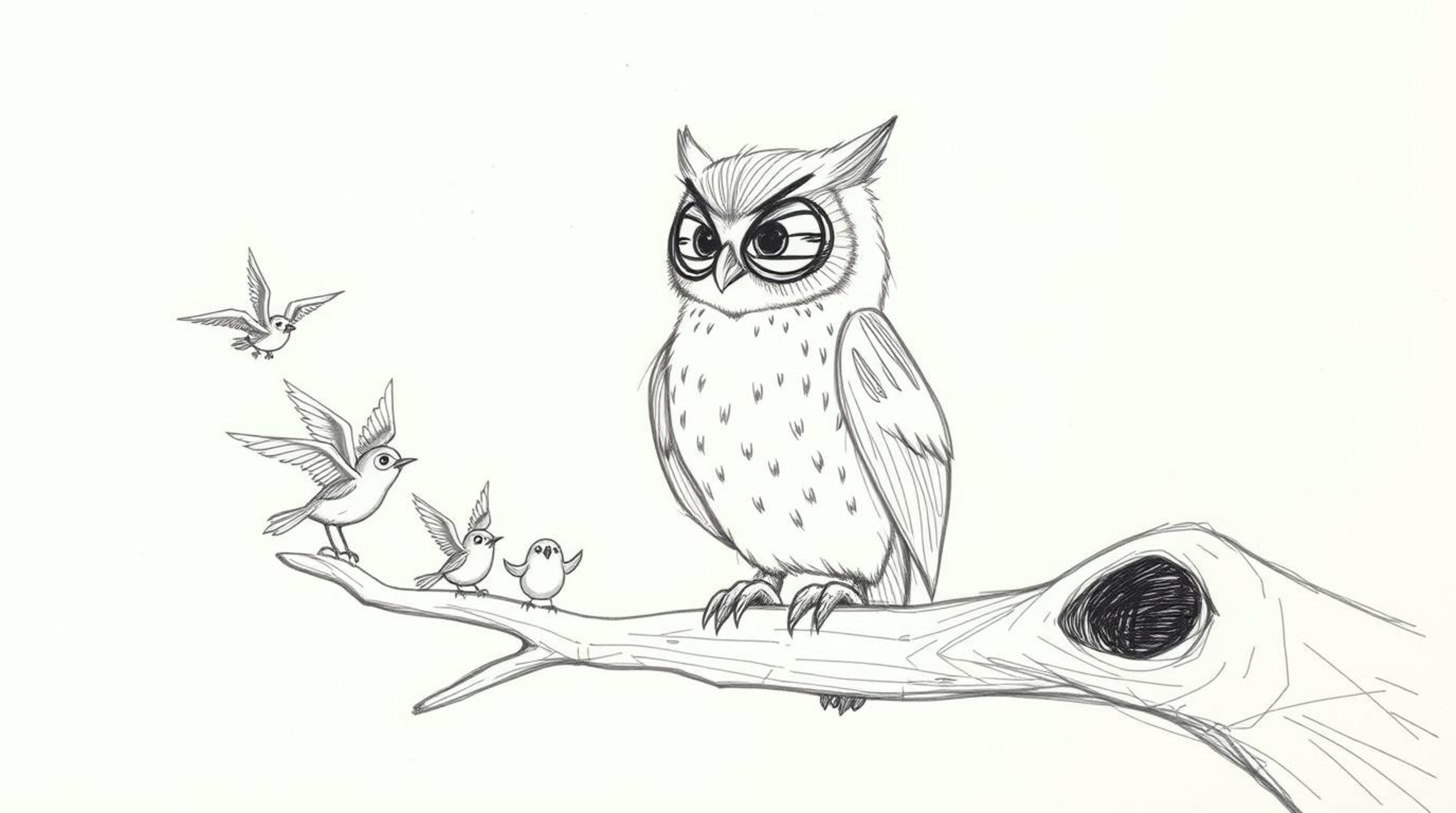 A heartwarming, Pixar-inspired sketch depicts a blind owl with endearingly exaggerated features perched on a hollow branch, g
