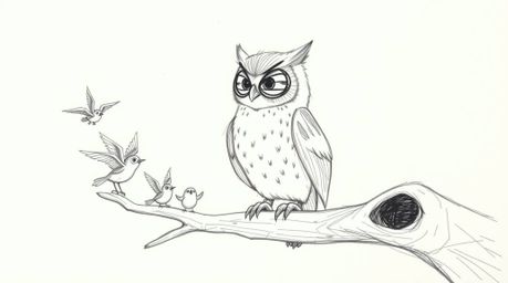 A heartwarming, Pixar-inspired sketch depicts a blind owl with endearingly exaggerated features perched on a hollow branch, g