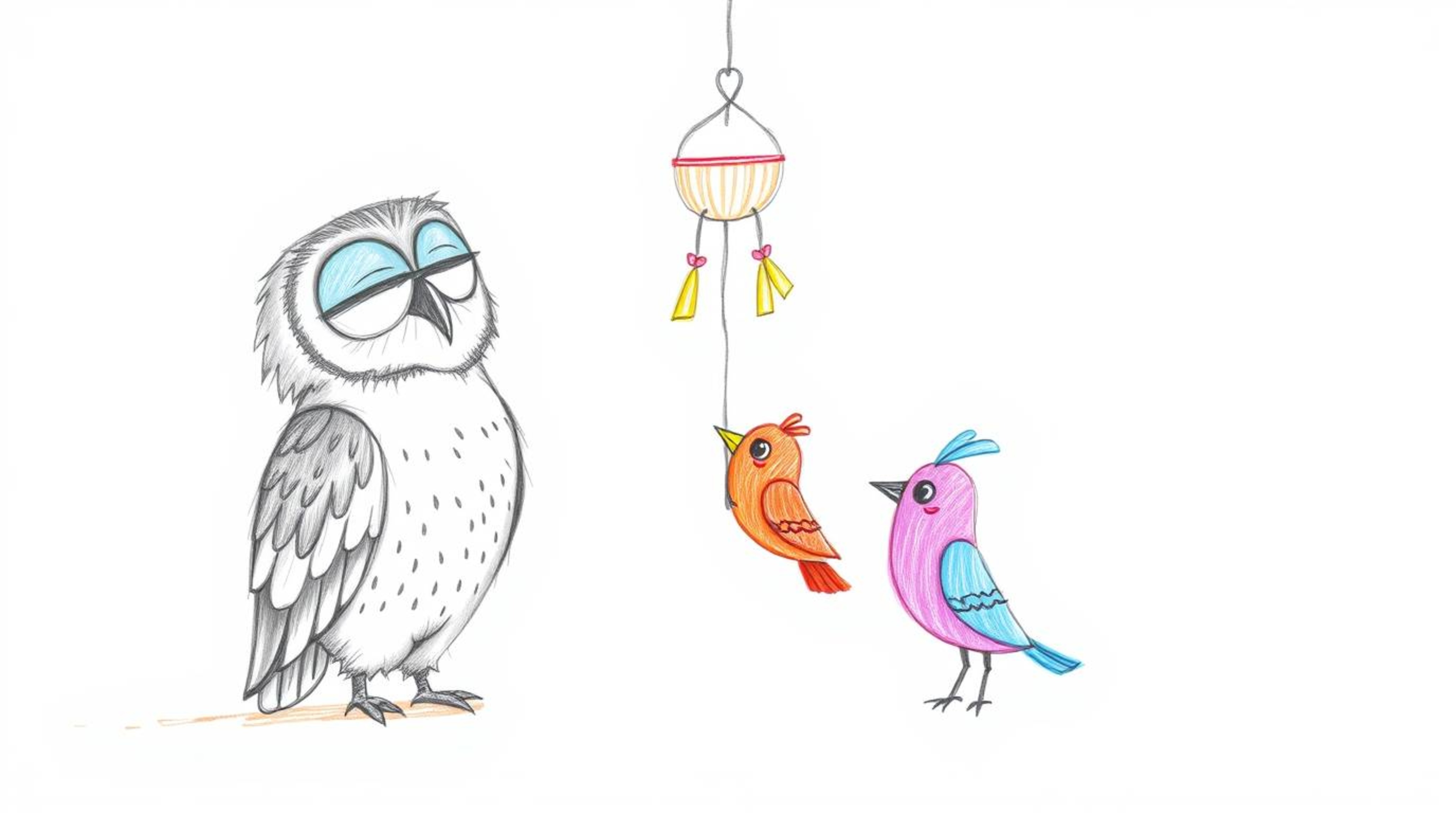 A heartwarming hand-drawn sketch evoking Pixar animation, depicts a blind owl mentoring vibrant birds using wind chimes and f
