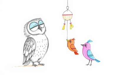 A heartwarming hand-drawn sketch evoking Pixar animation, depicts a blind owl mentoring vibrant birds using wind chimes and f