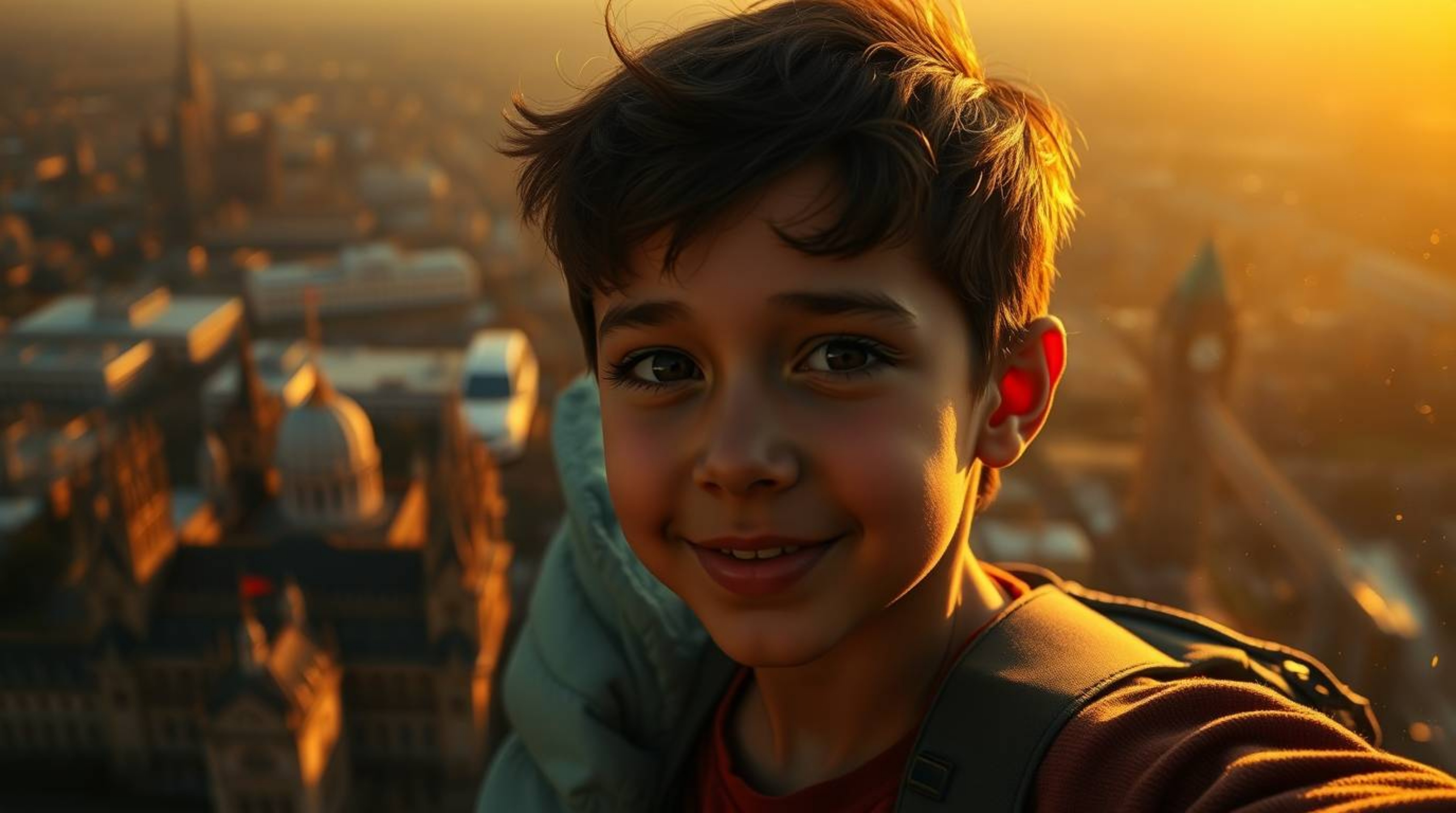 A captivating image of a young boy with charming features, soaring above the London skyline at golden hour.  Intense black sh