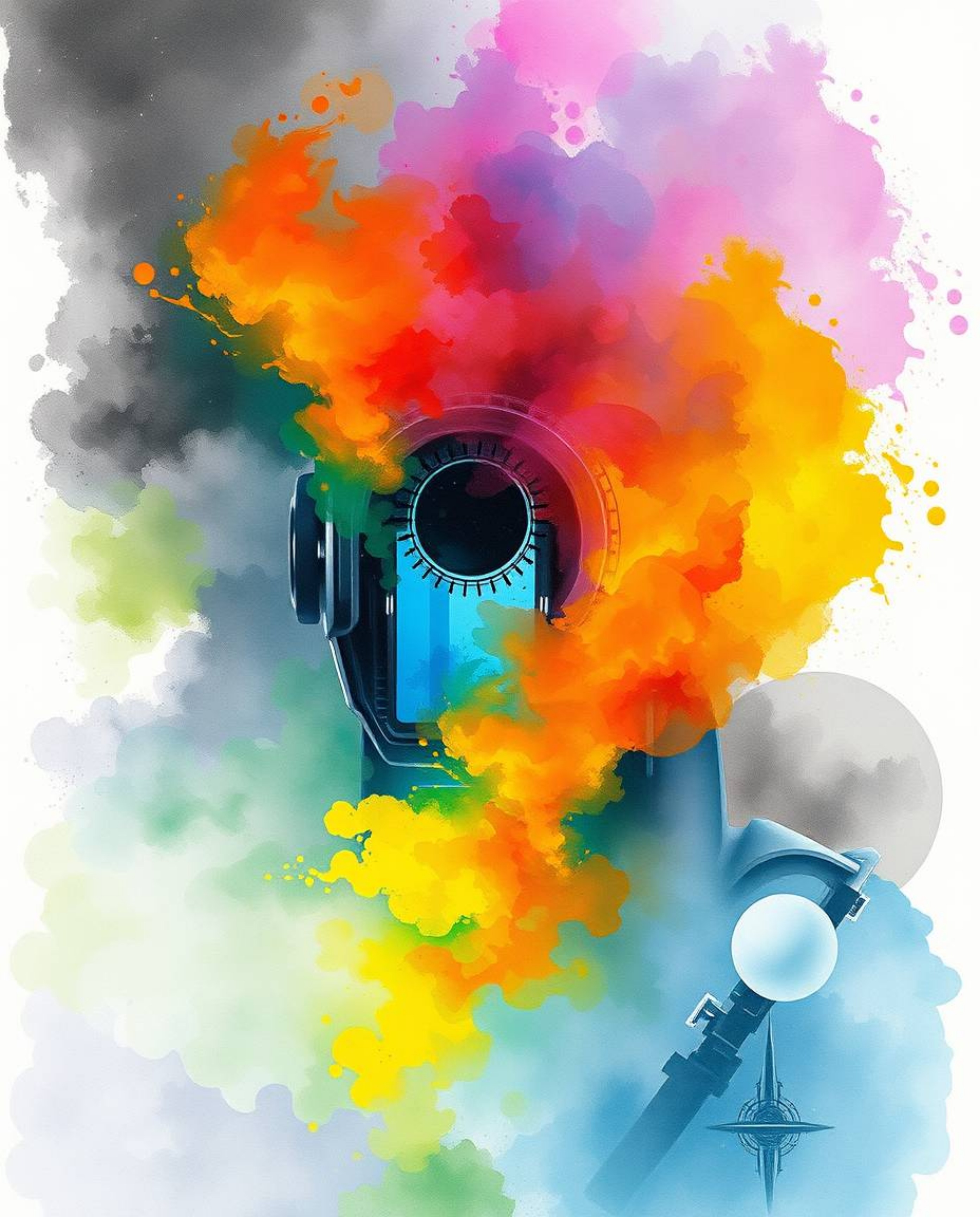 A captivating futuristic sci-fi watercolor painting portrays colorful splashes harmoniously blending within a thick, foggy en