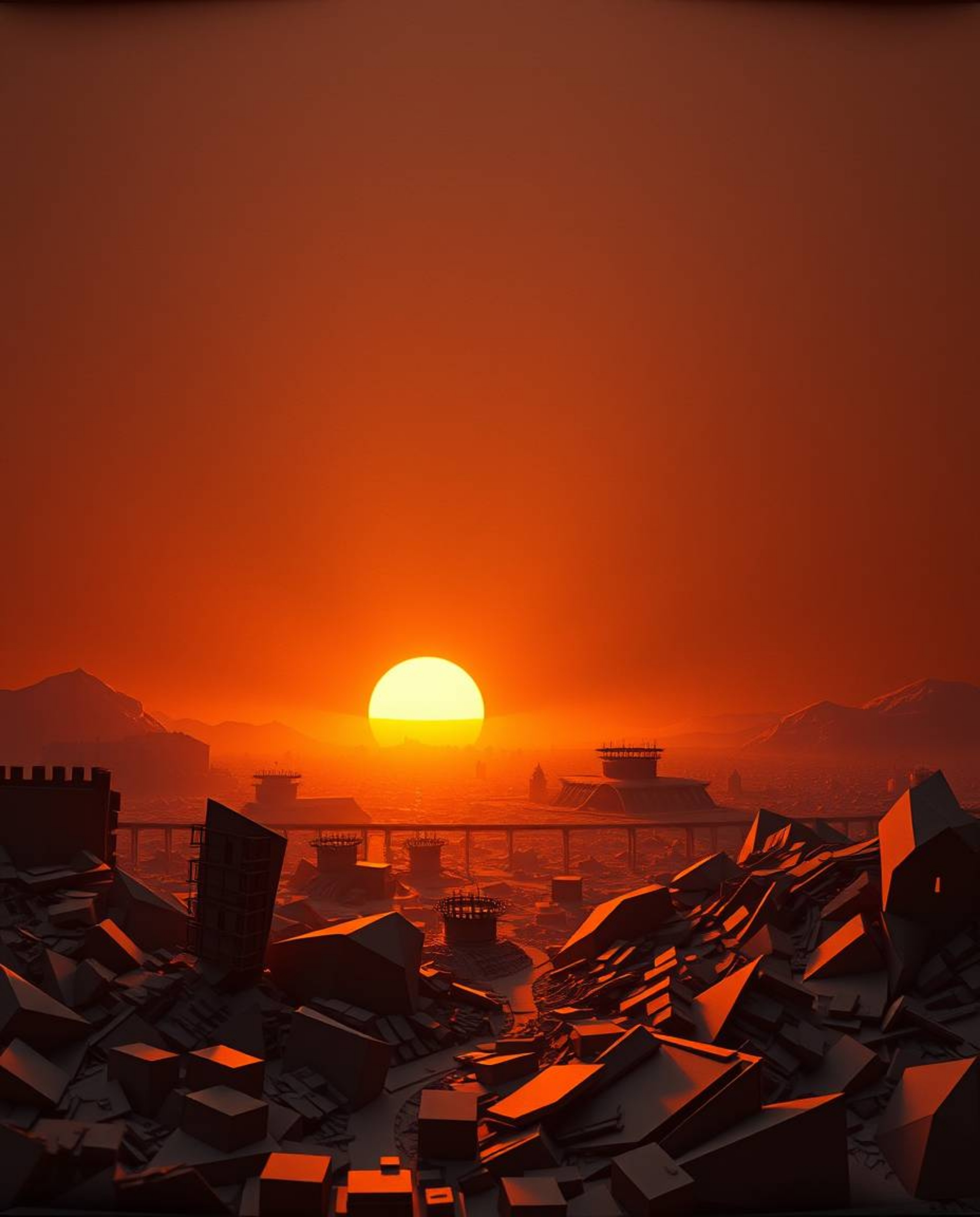 Witness a chilling sunrise over a war-torn landscape meticulously crafted in an intricate origami style. The warm, golden hou