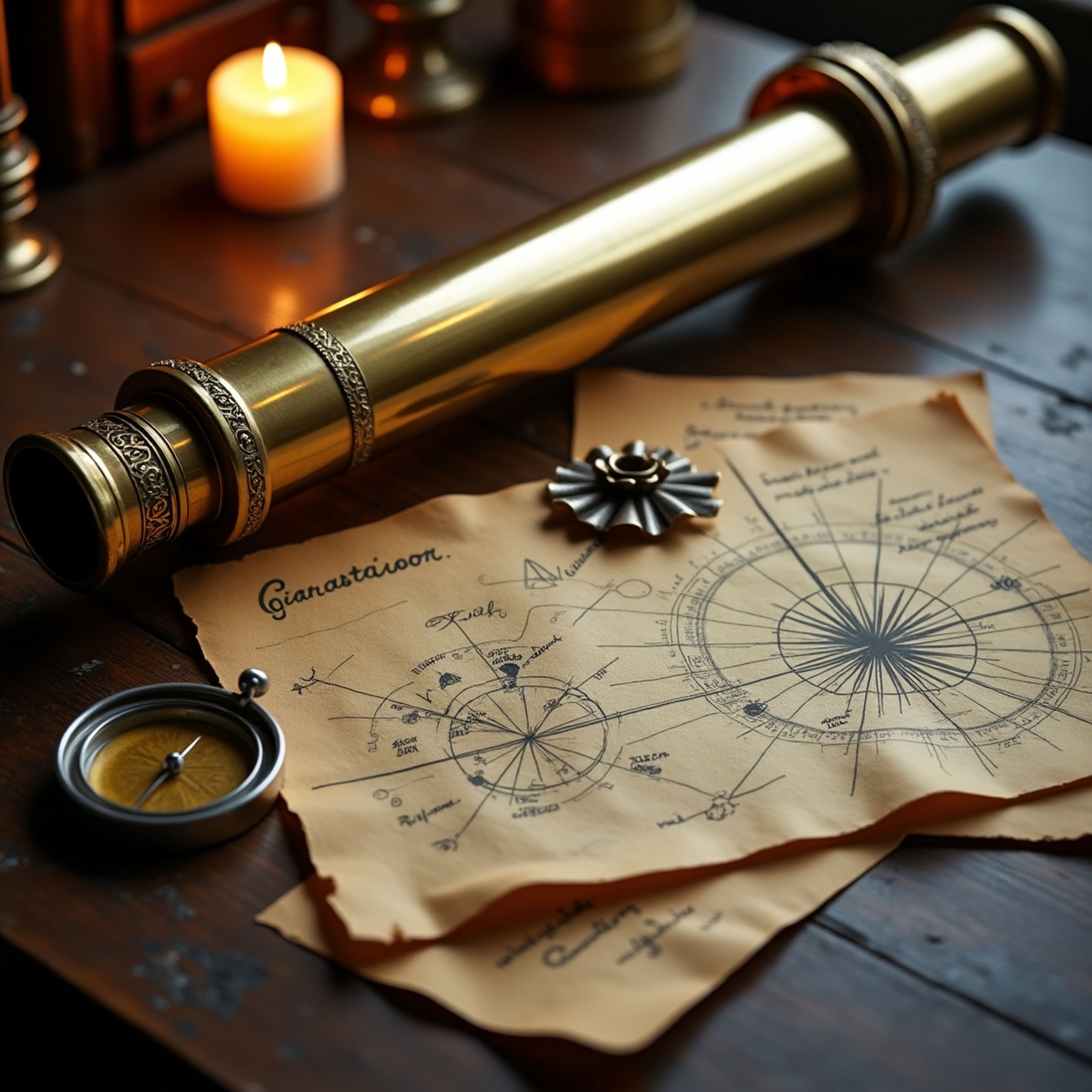 This scene captures a sense of nostalgic adventure with a beautifully polished brass telescope resting on a worn wooden table