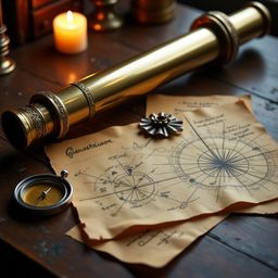 This scene captures a sense of nostalgic adventure with a beautifully polished brass telescope resting on a worn wooden table