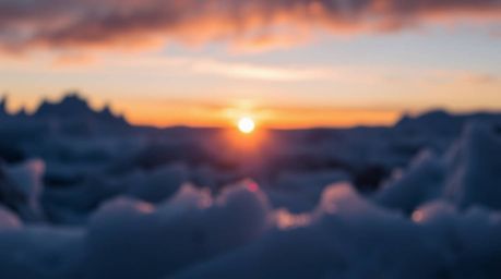 Experience the breathtaking beauty of a sunset over icy polar glaciers. This image showcases dramatic chiaroscuro lighting, a