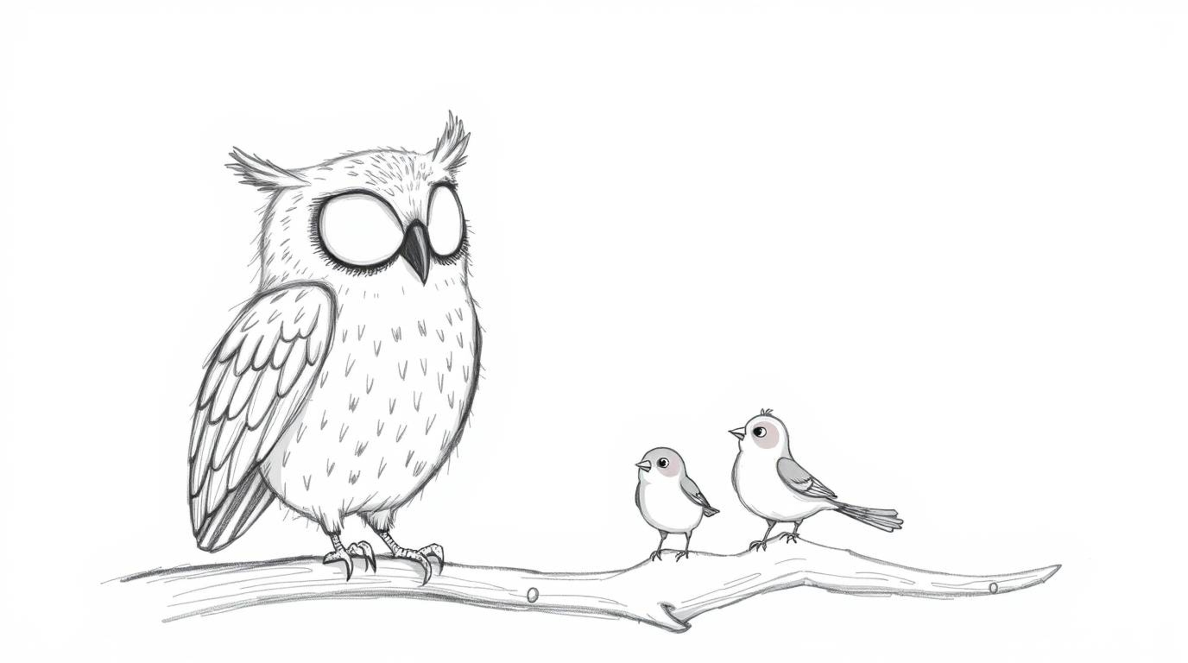A heartwarming hand-drawn sketch in the style of Pixar portrays a blind owl with soft, feathery textures gently teaching smal