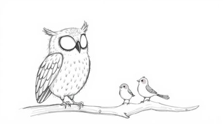 A heartwarming hand-drawn sketch in the style of Pixar portrays a blind owl with soft, feathery textures gently teaching smal
