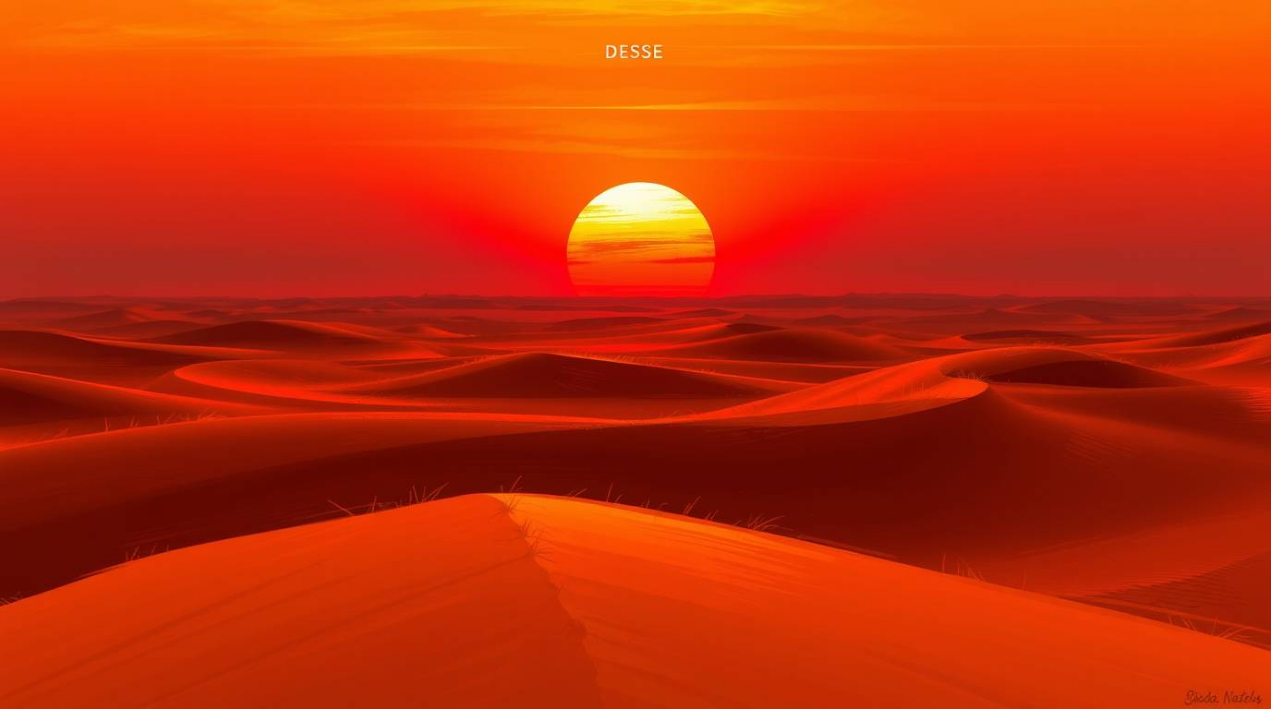 A captivating digital painting depicts a vibrant sunset at the edge of a desert landscape.  Golden dunes stretch across the f