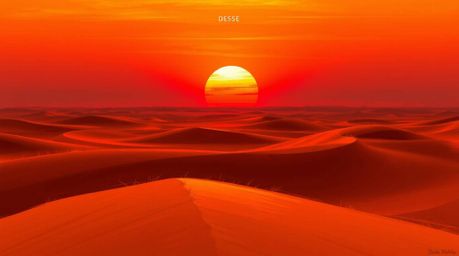 A captivating digital painting depicts a vibrant sunset at the edge of a desert landscape.  Golden dunes stretch across the f