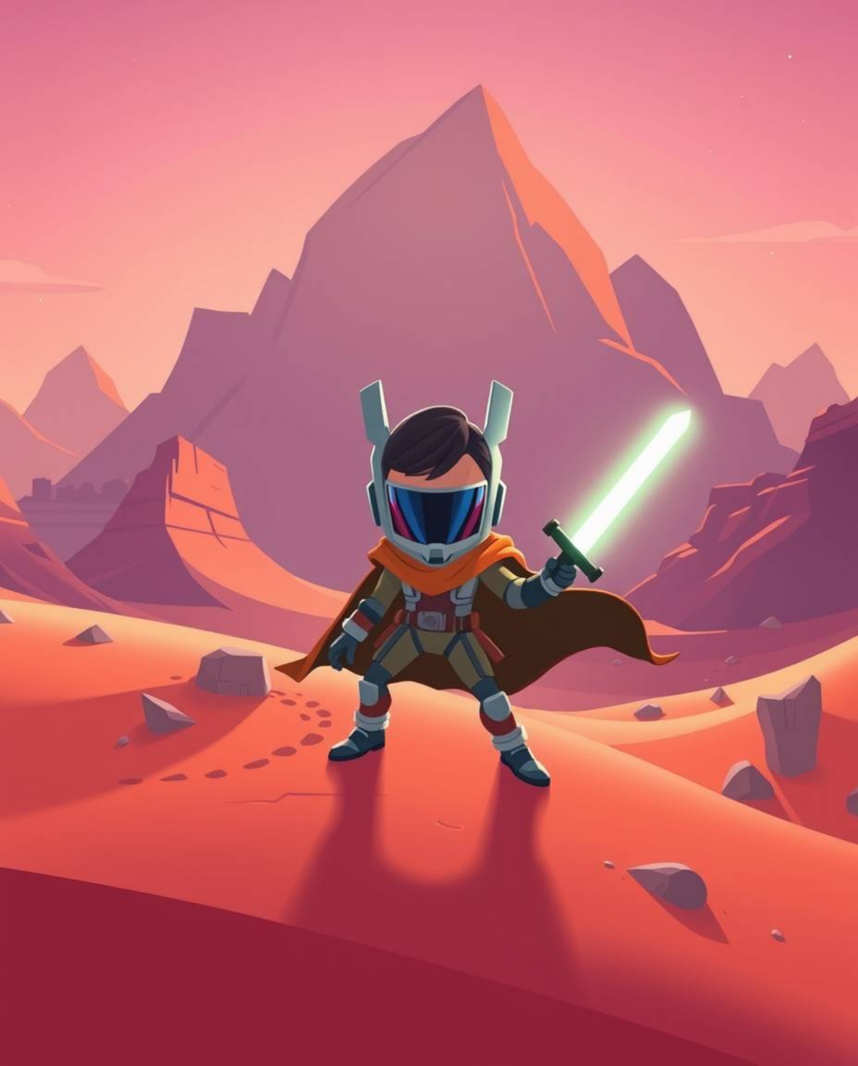 A brave Disney-style hero embarks on an epic futuristic desert adventure. This vibrant, modern flat design features simple t