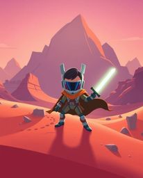 A brave Disney-style hero embarks on an epic futuristic desert adventure.  This vibrant, modern flat design features simple t