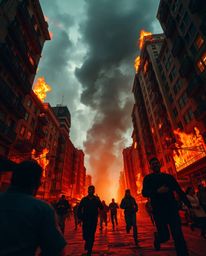 A chaotic scene unfolds with a city consumed by flames, as people frantically run for their lives.  The dramatic low-angle pe