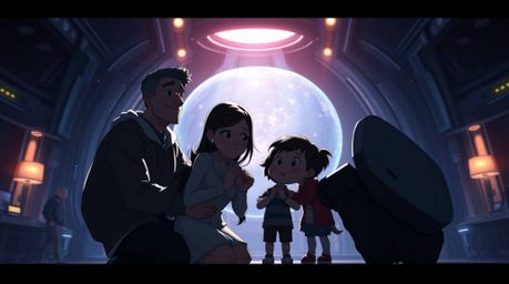 Experience a grand and epic family reunion rendered in the iconic Pixar style, set against a futuristic and modern backdrop. 