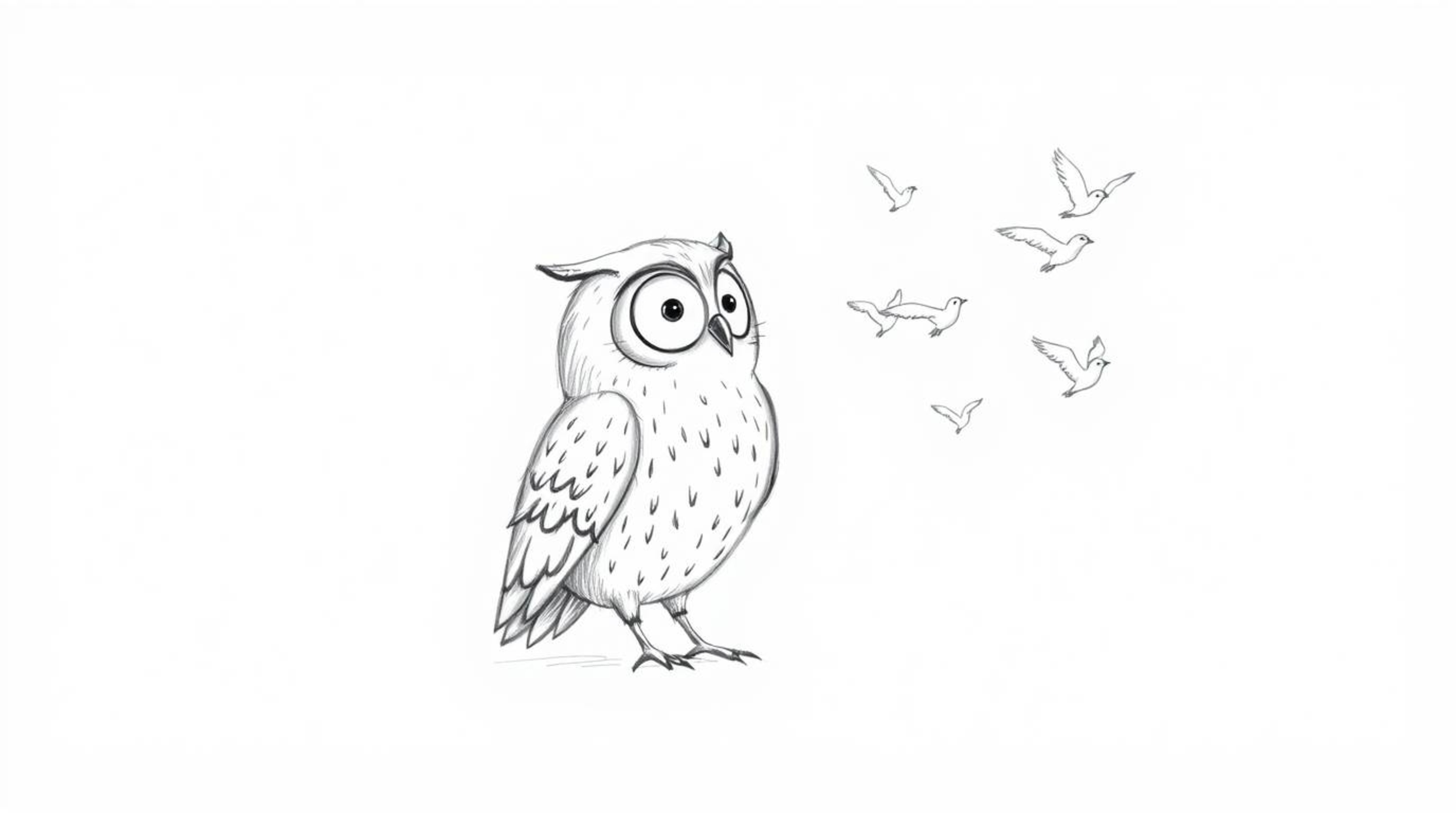 This charming, hand-drawn Pixar-style sketch features a blind owl, rendered with soft, textured pencil strokes against a clea
