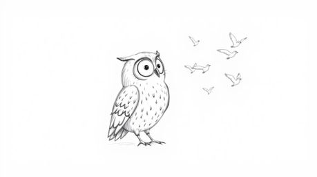 This charming, hand-drawn Pixar-style sketch features a blind owl, rendered with soft, textured pencil strokes against a clea