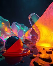 Explore a surreal 3D render showcasing hyperrealistic melted glass forms in a captivating sci-fi setting. The image presents 