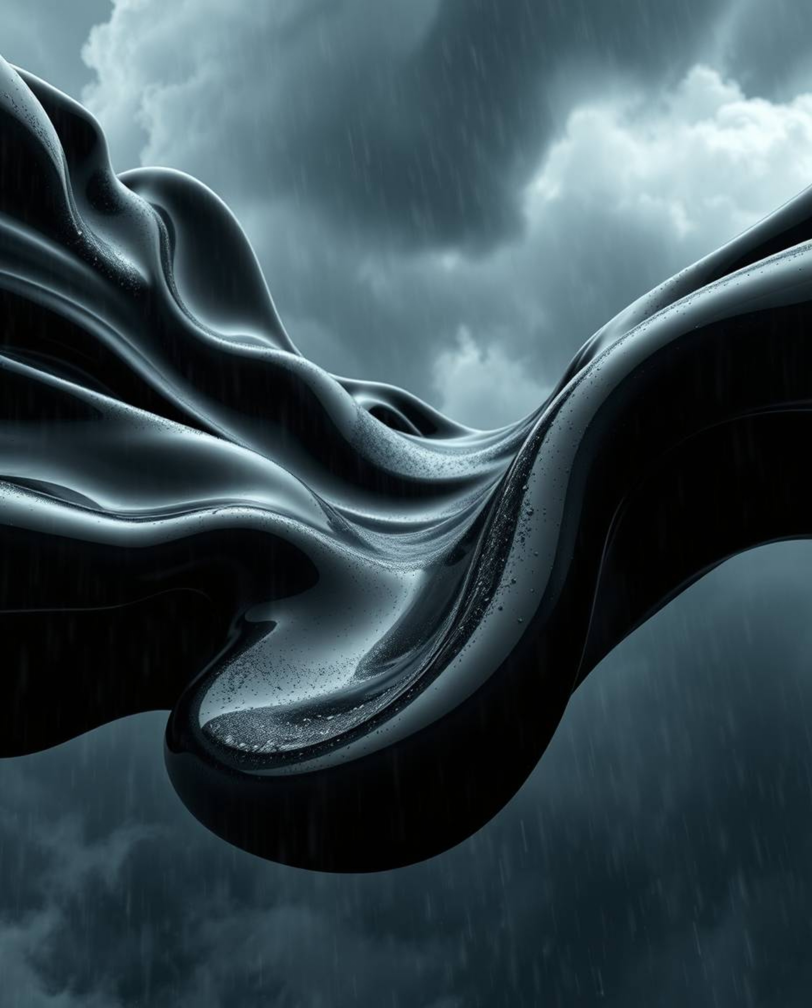 Experience the raw power of intense dramatic weather captured in stunning 3D. Jet black, smooth fluid shapes with metallic te