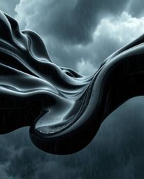 Experience the raw power of intense dramatic weather captured in stunning 3D. Jet black, smooth fluid shapes with metallic te
