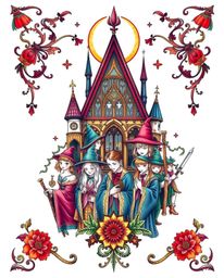 This traditional tattoo art print features a vibrant and retro design depicting a magical school filled with young wizards. T
