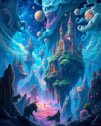Explore a surreal, dreamlike digital painting of a colorful kingdom featuring floating islands and majestic castles. This fan