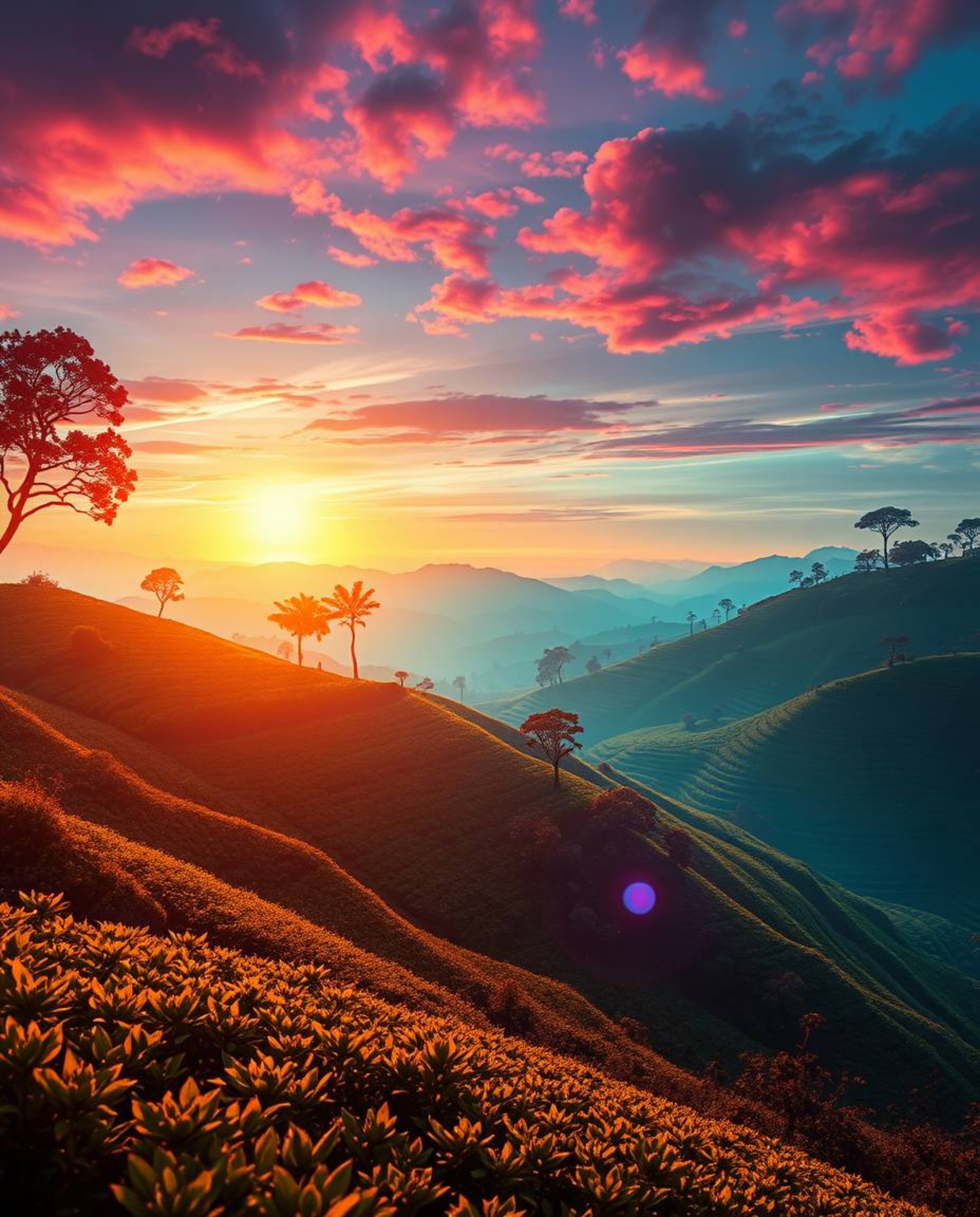 A futuristic sci-fi style depiction of a sunset over terraced tea plantations, illuminated by glowing bioluminescent colors a