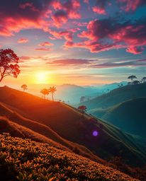 A futuristic sci-fi style depiction of a sunset over terraced tea plantations, illuminated by glowing bioluminescent colors a