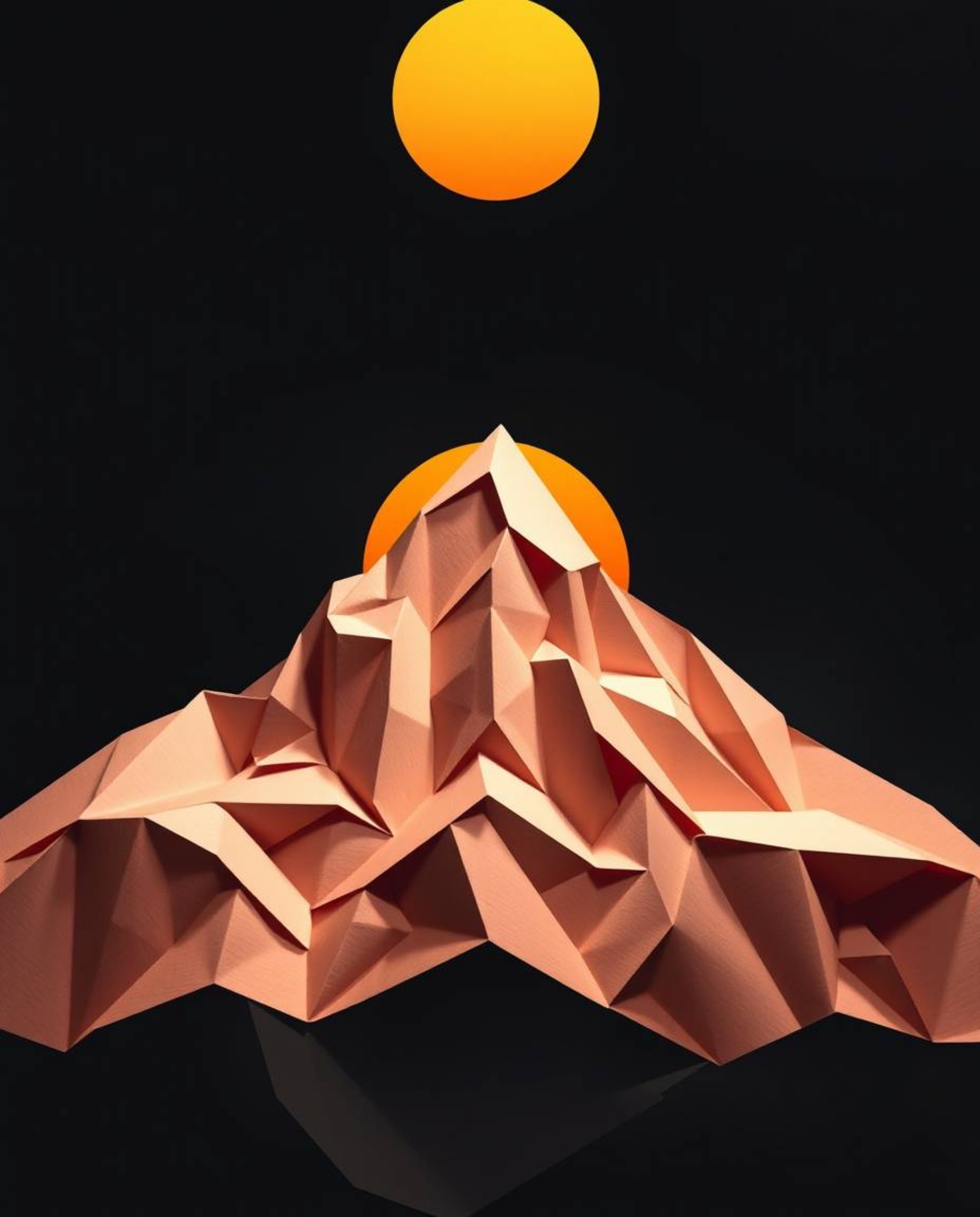 Discover an intricate origami-style depiction of a high alpine peak sunset. This piece is characterized by its unique folded 
